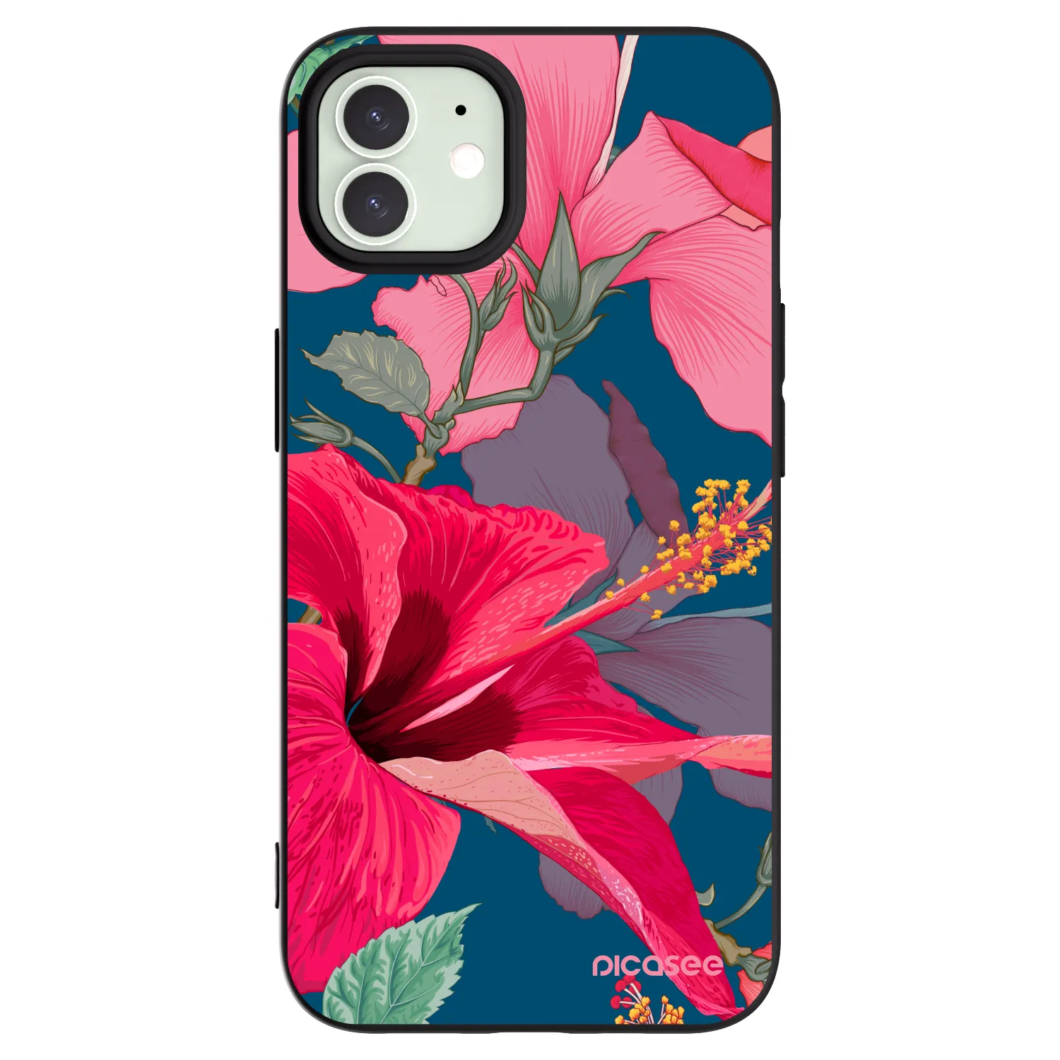 Picasee Μαύρη θήκη σιλικόνης για Apple iPhone 12 - Hibiscus