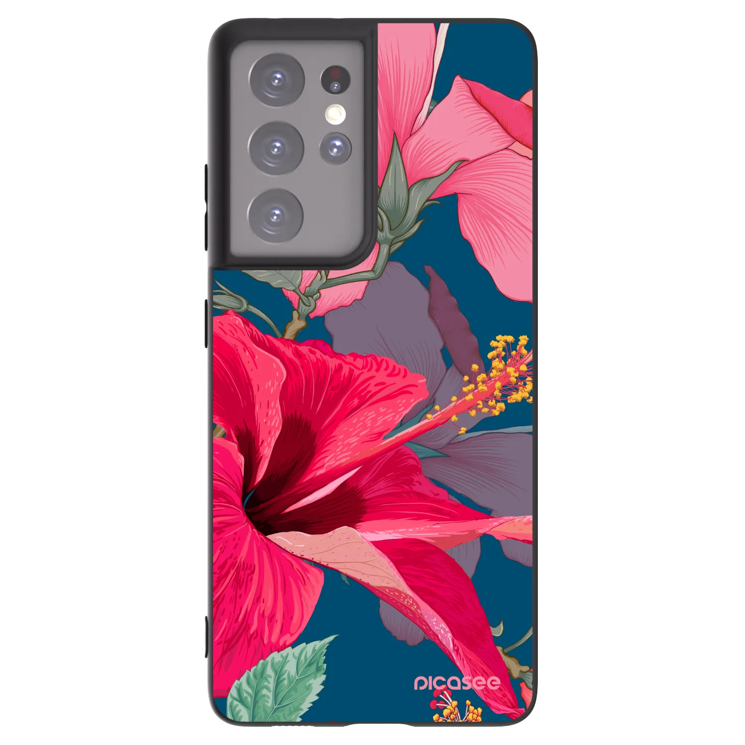 Picasee Μαύρη θήκη σιλικόνης για Samsung Galaxy S21 Ultra 5G G998B - Hibiscus