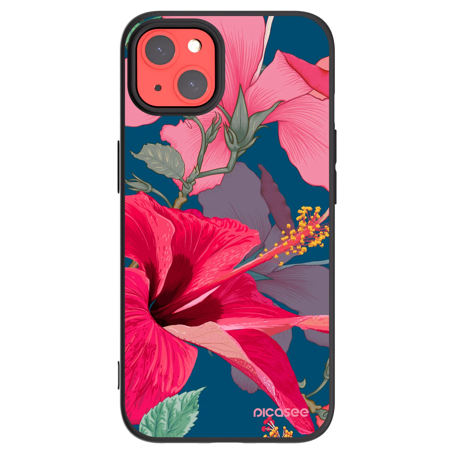 Picasee Μαύρη θήκη σιλικόνης για Apple iPhone 13 - Hibiscus