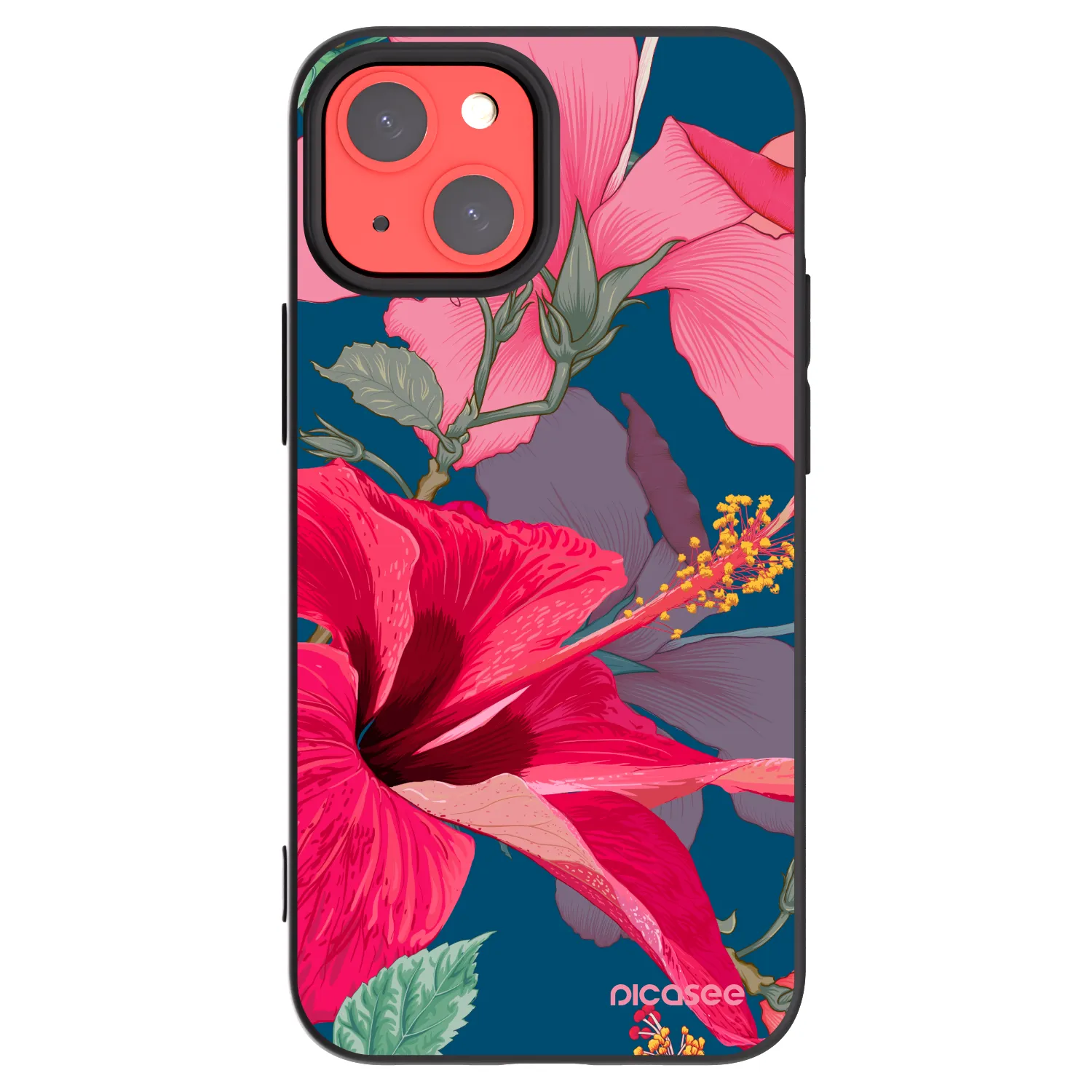 Picasee Μαύρη θήκη σιλικόνης για Apple iPhone 13 mini - Hibiscus