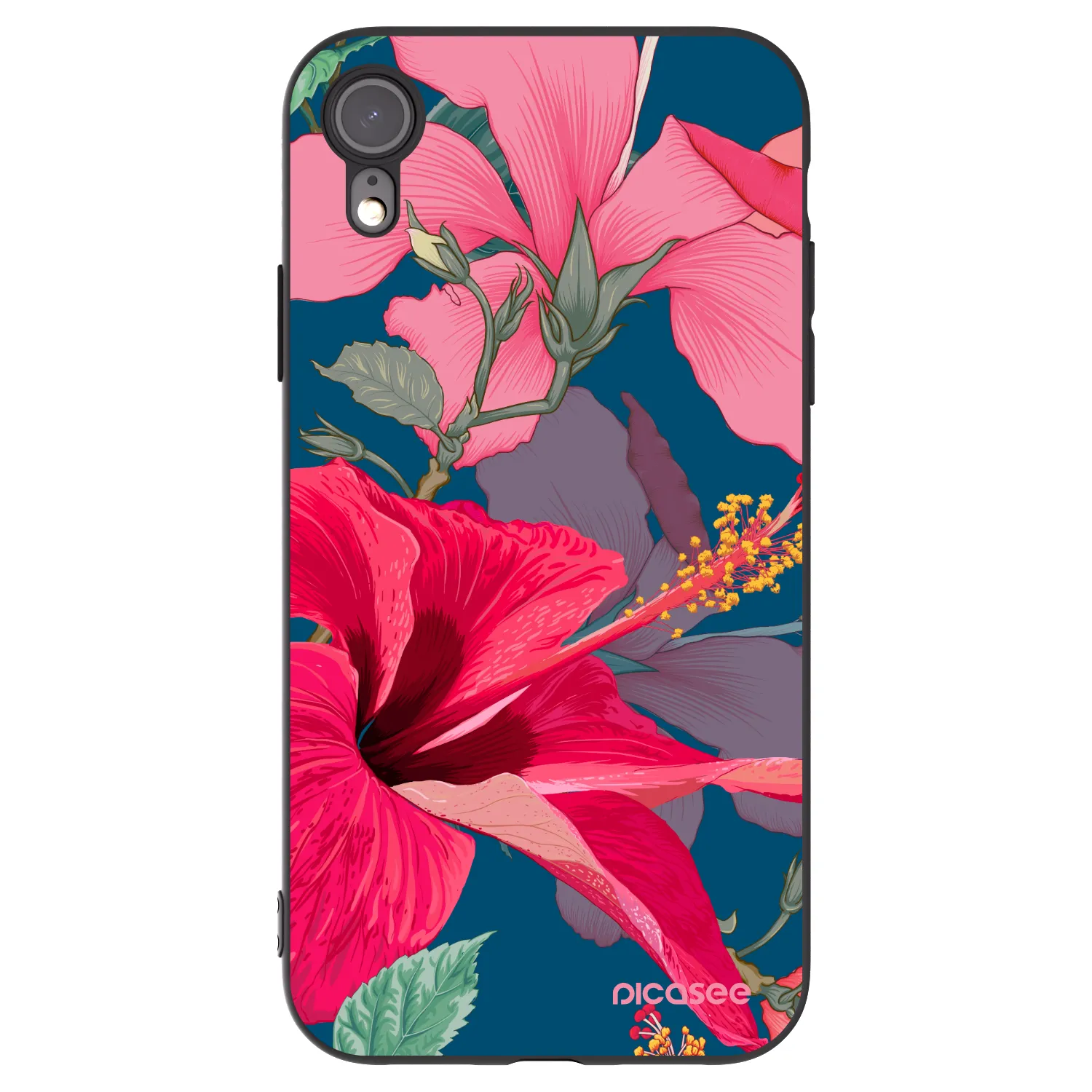 Picasee Μαύρη θήκη σιλικόνης για Apple iPhone XR - Hibiscus