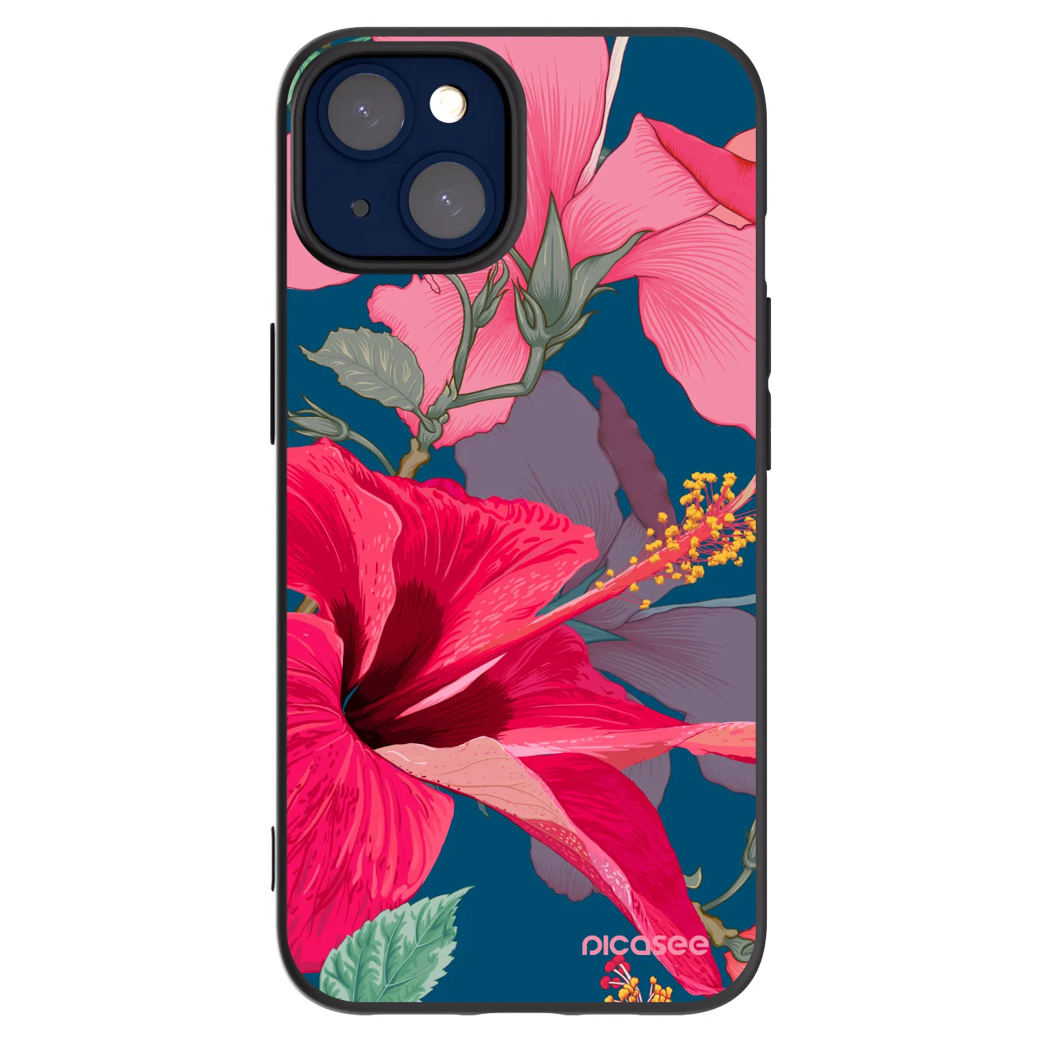Picasee Μαύρη θήκη σιλικόνης για Apple iPhone 14 - Hibiscus