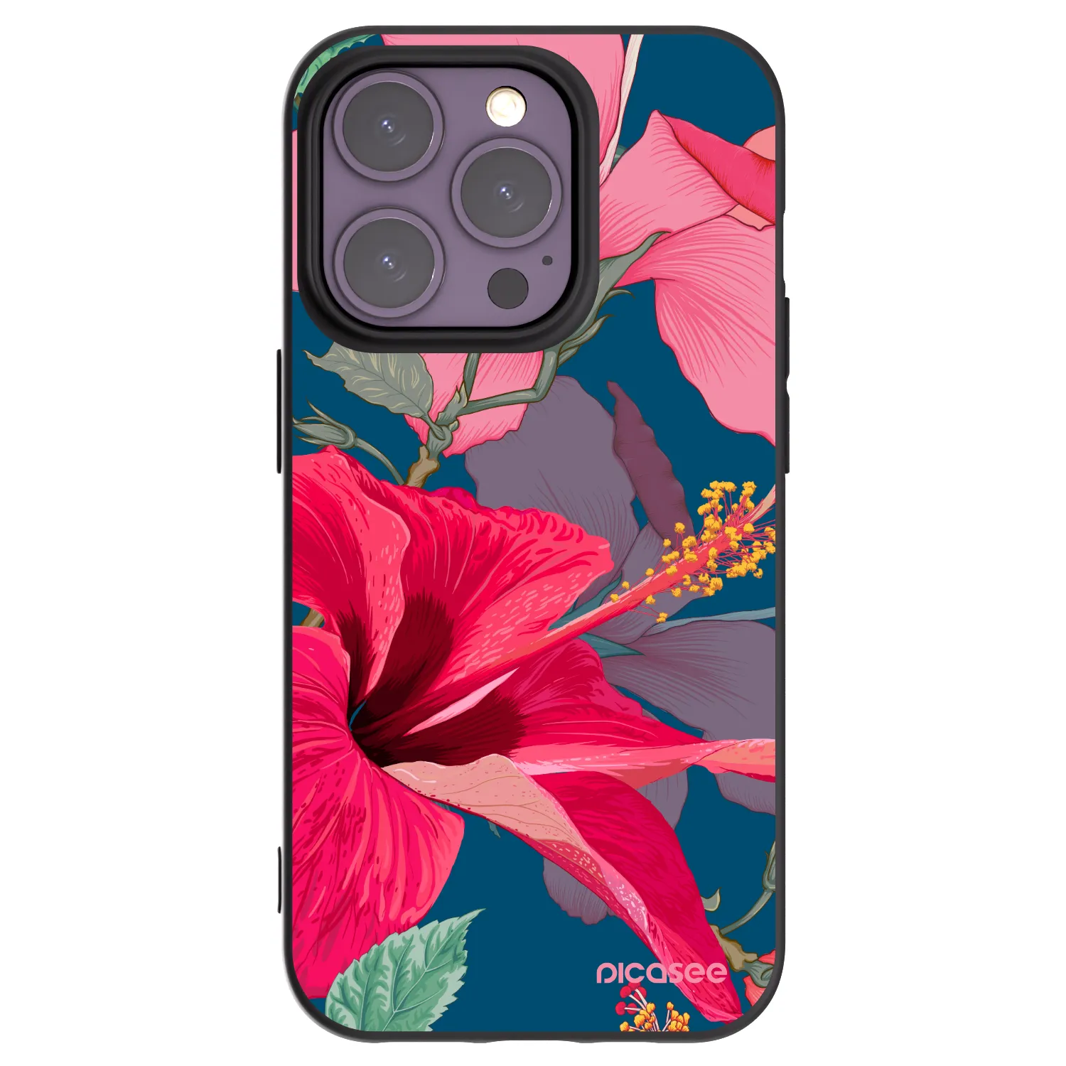 Picasee Μαύρη θήκη σιλικόνης για Apple iPhone 14 Pro - Hibiscus