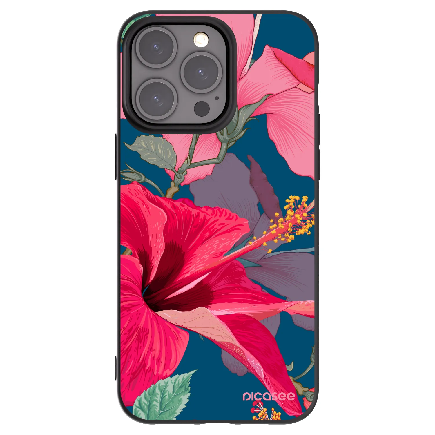 Picasee Μαύρη θήκη σιλικόνης για Apple iPhone 15 Pro Max - Hibiscus