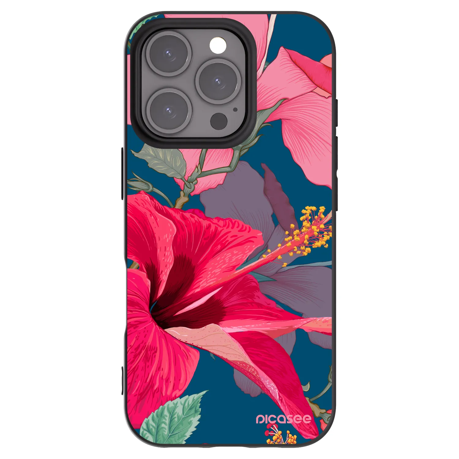 Picasee Μαύρη θήκη σιλικόνης για Apple iPhone 16 Pro - Hibiscus