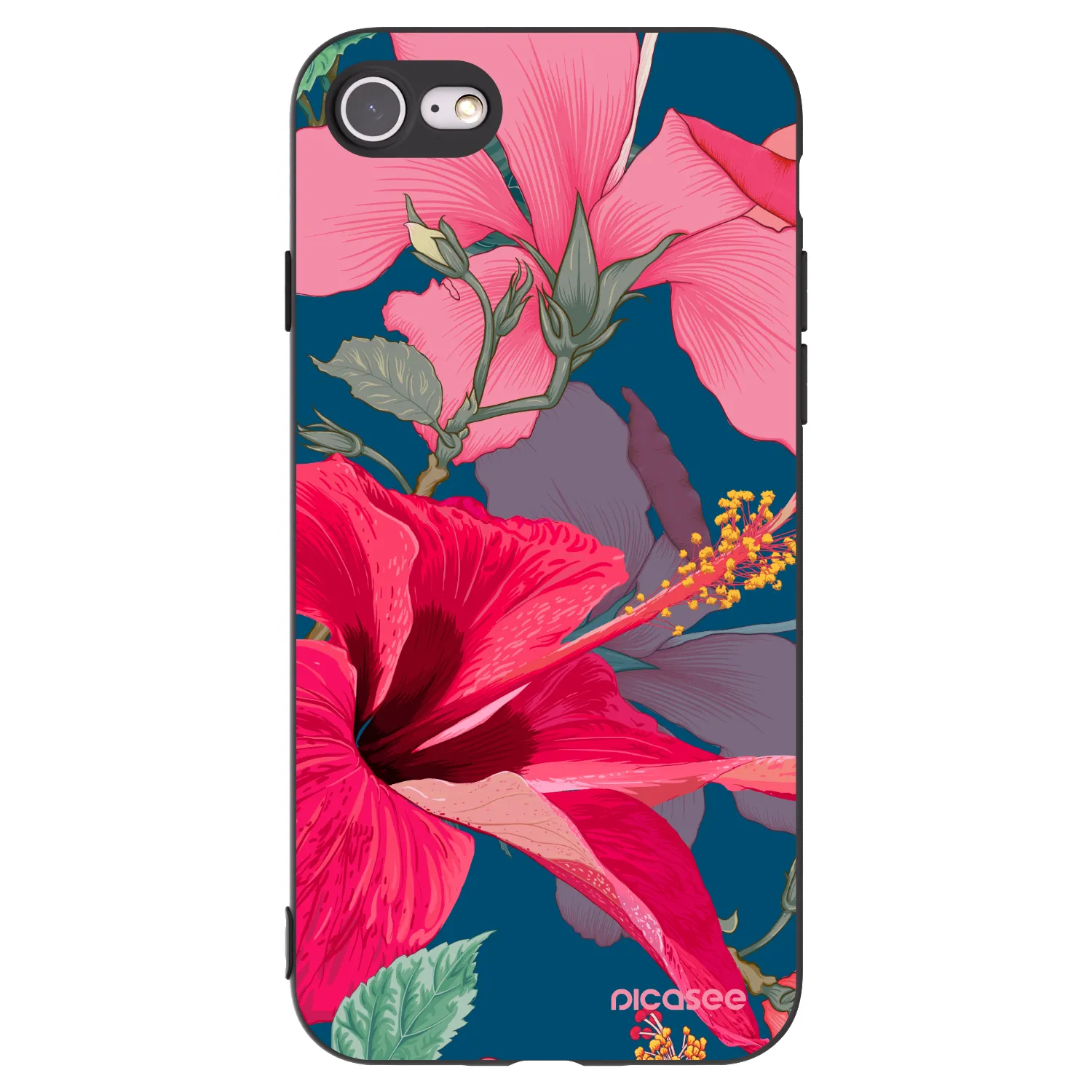 Picasee Μαύρη θήκη σιλικόνης για Apple iPhone 8 - Hibiscus
