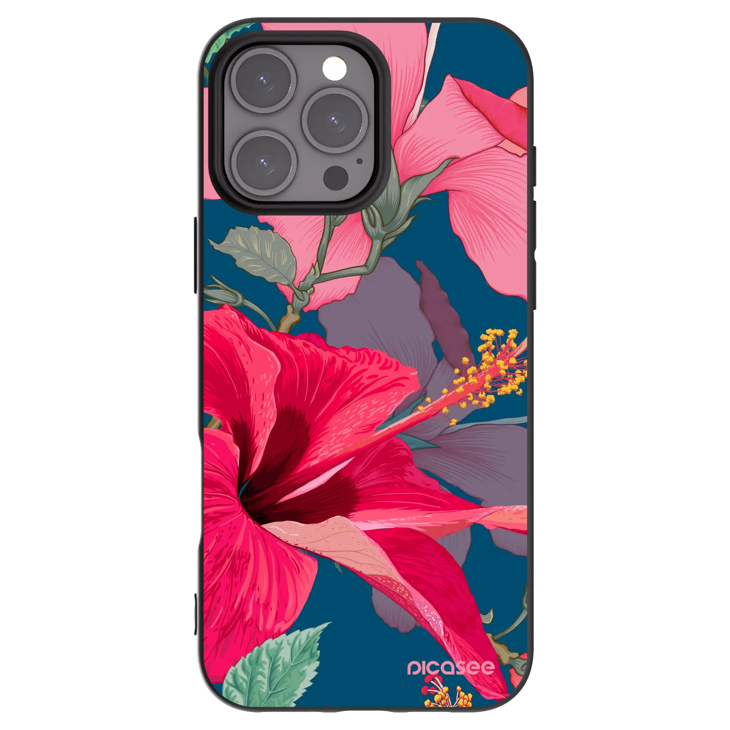 Picasee Μαύρη θήκη σιλικόνης για Apple iPhone 16 Pro Max - Hibiscus