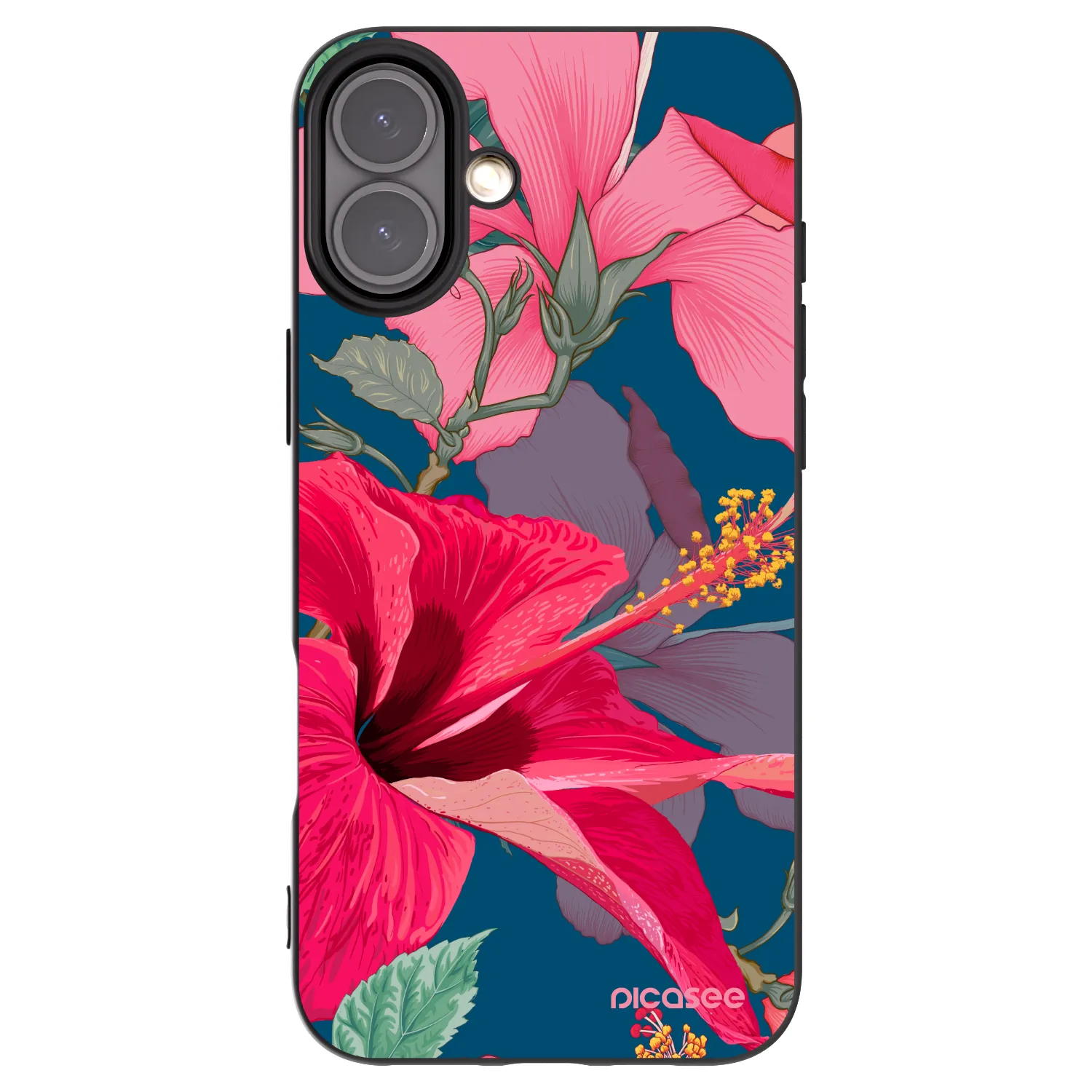Picasee Μαύρη θήκη σιλικόνης για Apple iPhone 16 Plus - Hibiscus