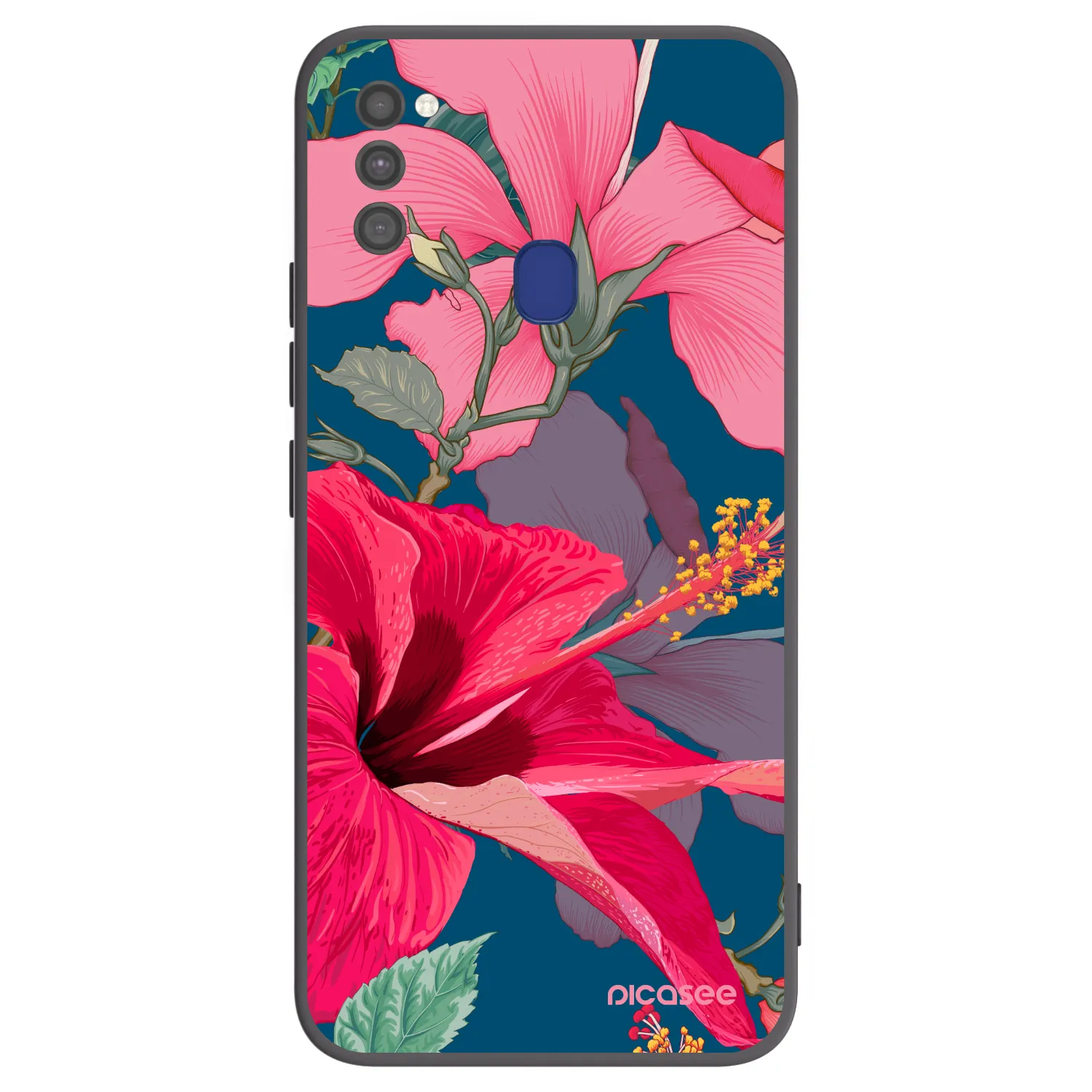 Picasee Μαύρη θήκη σιλικόνης για Samsung Galaxy M21 M215F - Hibiscus