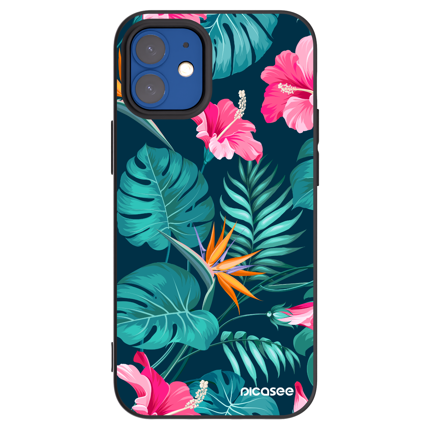 Picasee Μαύρη θήκη σιλικόνης για Apple iPhone 12 mini - Pink Monstera