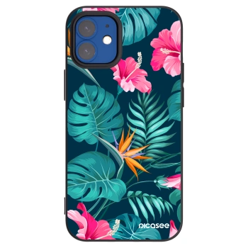 Picasee Μαύρη θήκη σιλικόνης για Apple iPhone 12 mini - Pink Monstera