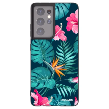Picasee Μαύρη θήκη σιλικόνης για Samsung Galaxy S21 Ultra 5G G998B - Pink Monstera