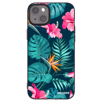 Picasee Μαύρη θήκη σιλικόνης για Apple iPhone 15 Plus - Pink Monstera