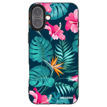 Picasee Μαύρη θήκη σιλικόνης για Apple iPhone 16 Plus - Pink Monstera
