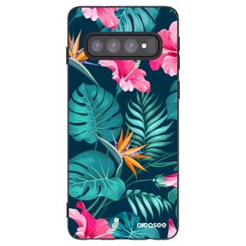 Picasee Μαύρη θήκη σιλικόνης για Samsung Galaxy S10 G973 - Pink Monstera