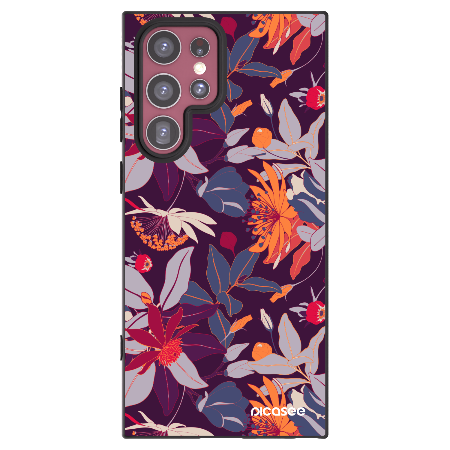Picasee Μαύρη θήκη σιλικόνης για Samsung Galaxy S22 Ultra 5G - Purple Leaf