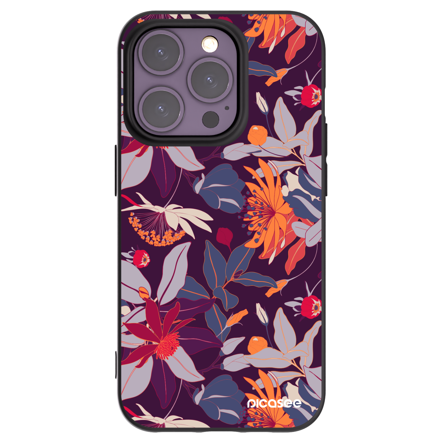 Picasee Μαύρη θήκη σιλικόνης για Apple iPhone 14 Pro - Purple Leaf