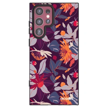 Picasee Μαύρη θήκη σιλικόνης για Samsung Galaxy S22 Ultra 5G - Purple Leaf