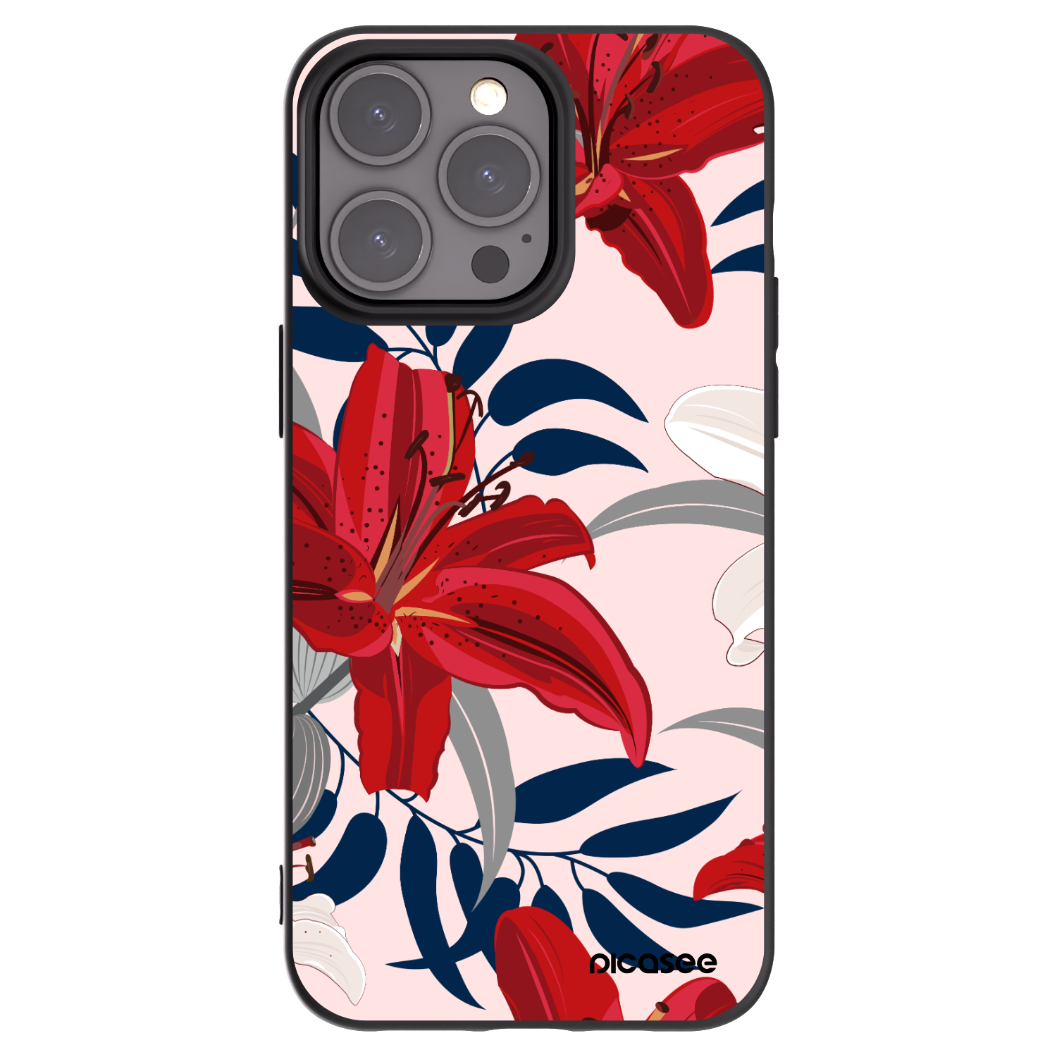 Picasee Μαύρη θήκη σιλικόνης για Apple iPhone 15 Pro Max - Red Lily